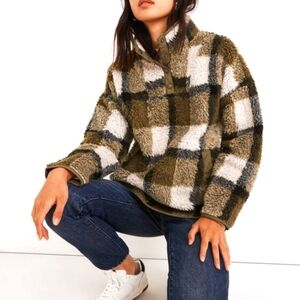 Madewell Olive Plaid Sherpa Popover Tunic Fleece Jacket, Size S